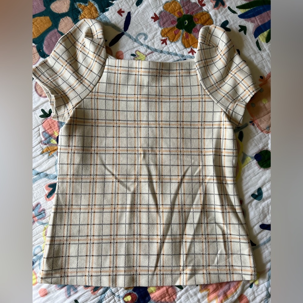 Ann Taylor plaid puff sleeve top